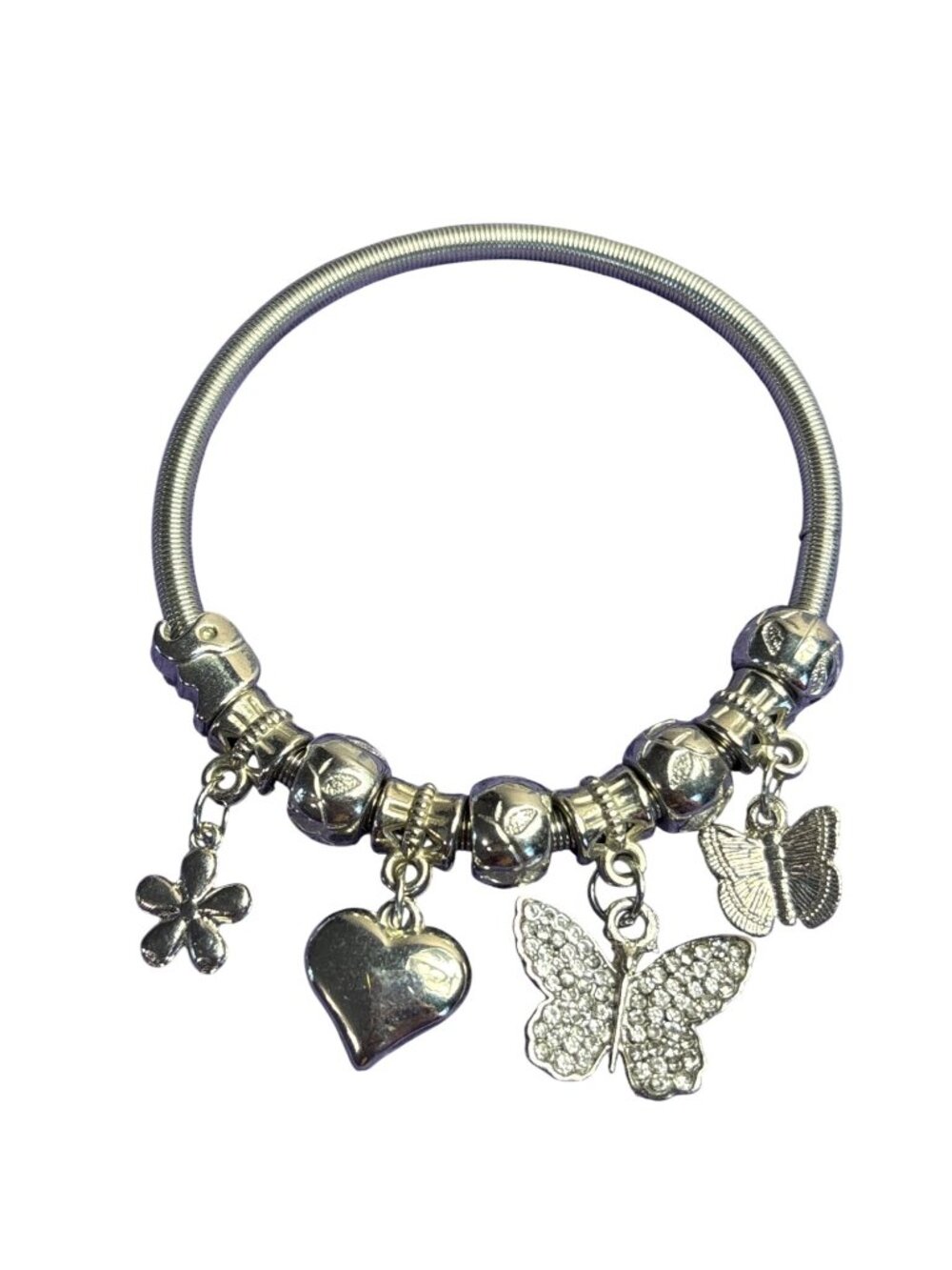 Silvertone Stretchy Charm Bracelet Butterflies Heart Flower Clear Rhinestones